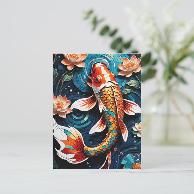 Vibrant Koi och Vacker Flowers Aquatic Scene Helg Vykort (Stående Fram)