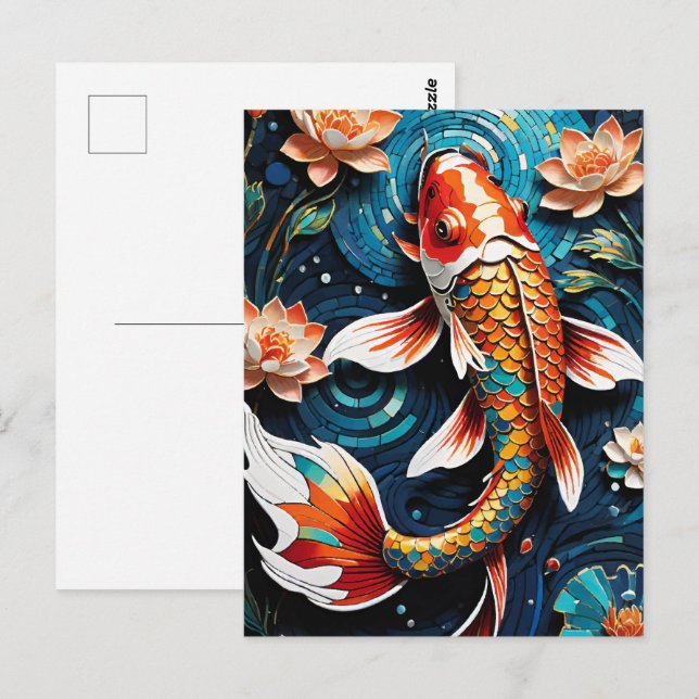 Vibrant Koi och Vacker Flowers Aquatic Scene Vykort (Fram/baksida)