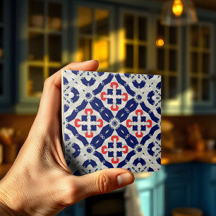 Vibrant Kor Mosaic i marinblå, röd och Grått Kakelplatta