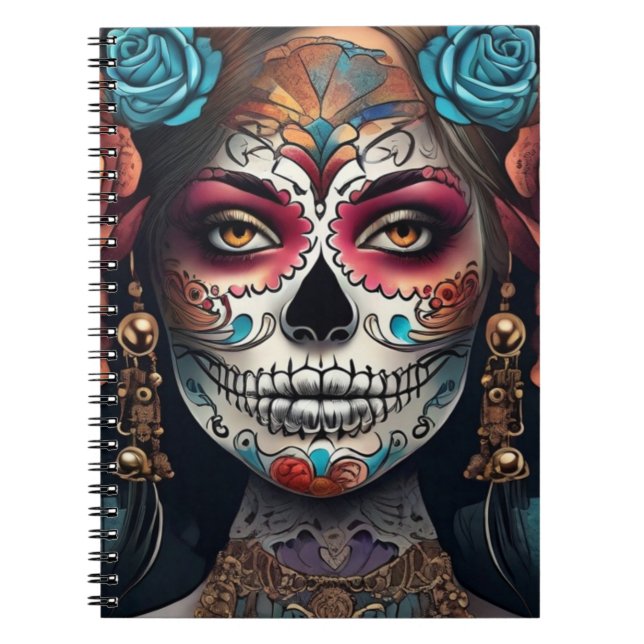 Vibrant kvinna: Day of the dead Sugar Skull Makeup Anteckningsbok (Framsidan)