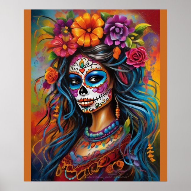 Vibrant kvinna i Sugar Skull Makeup Poster (Framsidan)