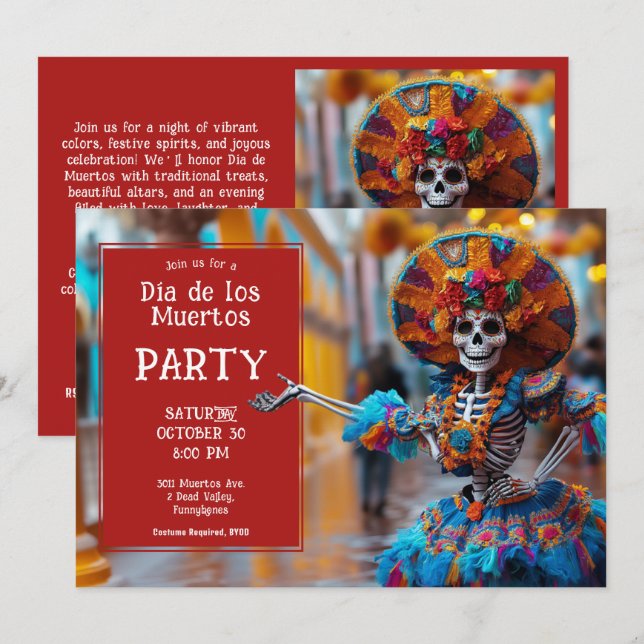 💀 Vibrant La Calavera i blått Inbjudningar (Fram/baksida)