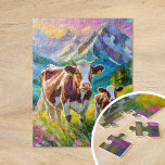 Vibrant landskap på landsbygden med kor pussel<br><div class="desc">En kultiverande, modern, imponerande målning av en mor-ko och hennes kalv på en fridfull betesmark på landsbygden, gav liv med ljust, vibrerande färg och tjocka abstrakter. De dynamiska linjerna fångar det fredliga bandet mellan djuren, medan riken av grönt, blått och jordnära toner skapar en livlig, pastoral scen. Den här uttrycksfulla...</div>
