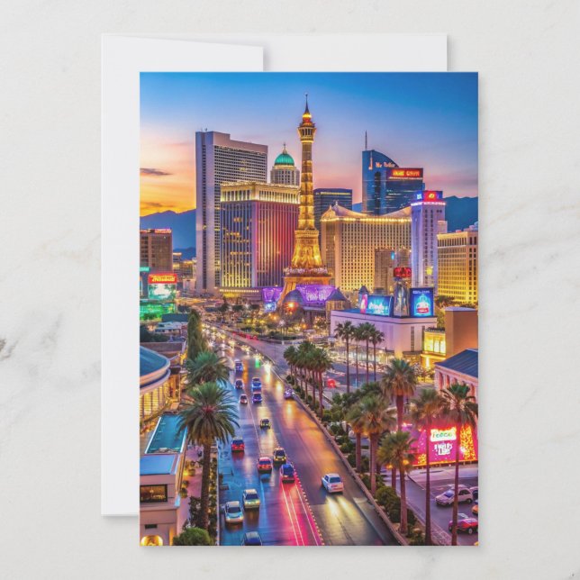 “Vibrant Las Vegas Strip vid solnedgång” Kort ("Where the lights never sleep Las Vegas at sunset")