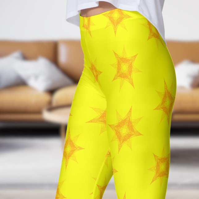 Vibrant Lemon Gult Guld Star Mönster Leggings (Star on Lemon Glacier)