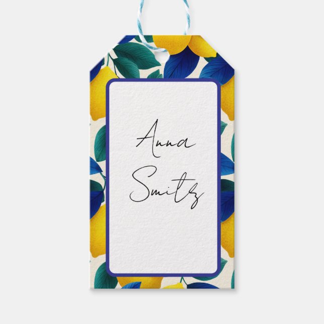 Vibrant Lemon och Blue Löv Watercolor Mönster Presentetikett (Framsidan)