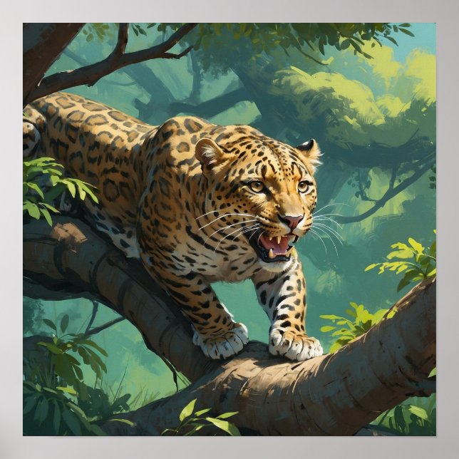 Vibrant Leopard Walking on Träd Gren Painting Poster (Framsidan)