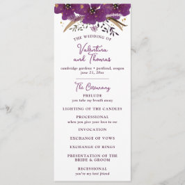 Vibrant Lila blommor och Guld Glitter Bröllop Program