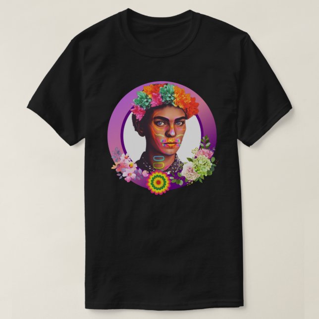 Vibrant Lila Frida Kahlo Porträtt med Flowers T Shirt (Design framsida)