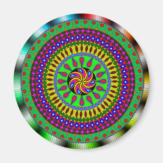 Vibrant Lila, Grönt, Red Mandala Magnet (Framsidan)