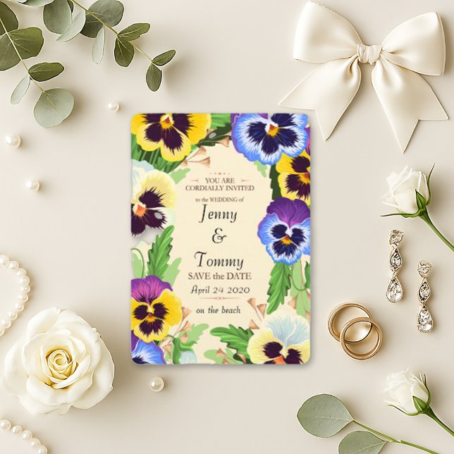 Vibrant Lila Gult Pansy Beach Wedding Spara Datumet (Skapare uppladdad)