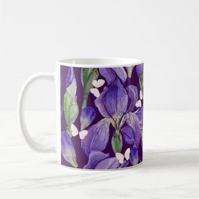 Vibrant Lila Iris Flowers och Butterflies Kaffemugg (Vänster)