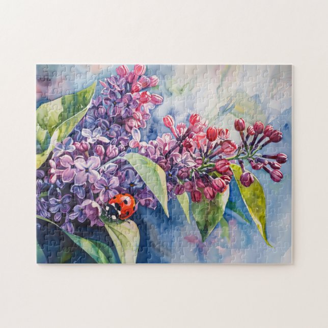Vibrant Lila Lilac Flowers Ladybug Pussel (Horisontell)