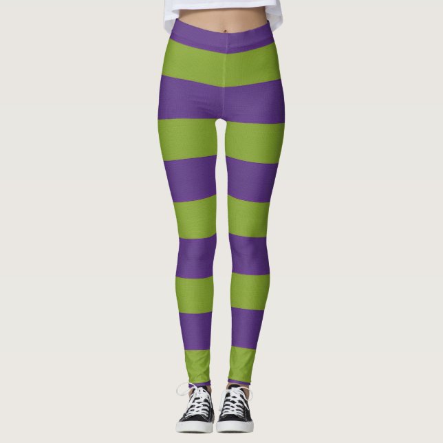 Vibrant Lila Lime Green Stripe Halloween Witchy Leggings (Framsida)
