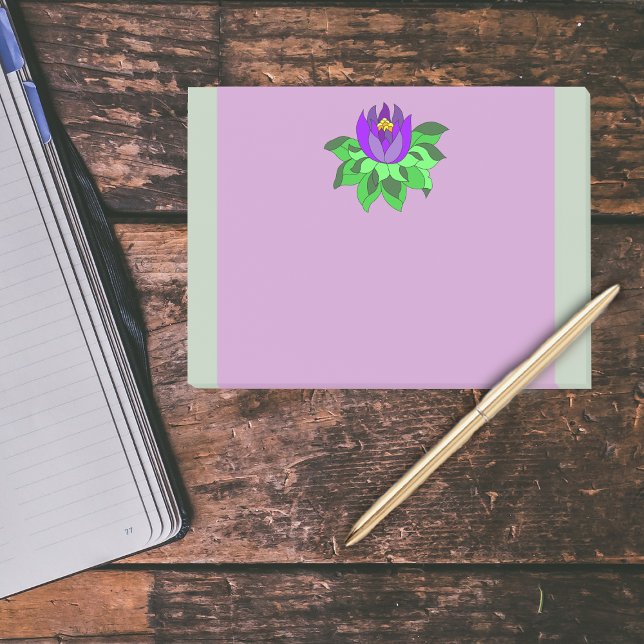 Vibrant Lila Lotus Flower Rand Post-it Block (Big purple lotus flower green leaves on purple with pale green borders post it notes.)