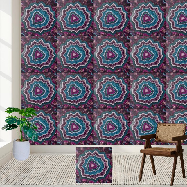 Vibrant Lila och takskiktsbricka Kakelplatta (Vibrant Purple and Teal Geode Slice Tile)