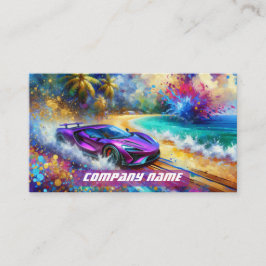 Vibrant Lila Sportscar på en Tropical Beach Visitkort
