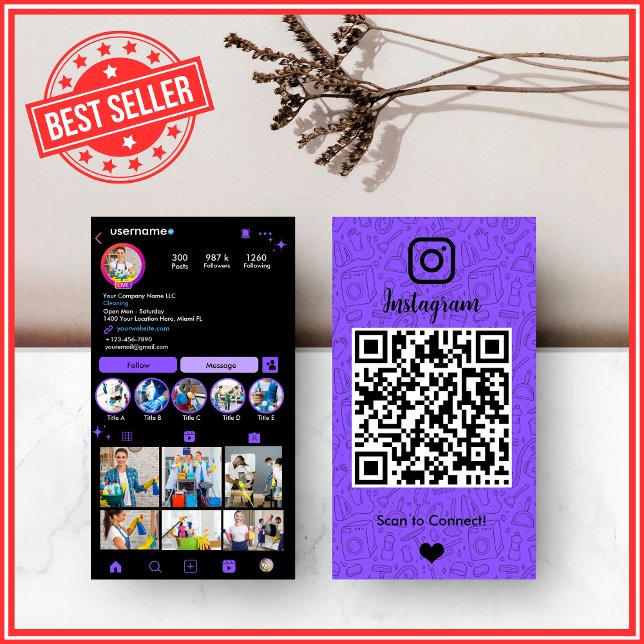 Vibrant lila städning Instagram QR Visitkort (Skapare uppladdad)