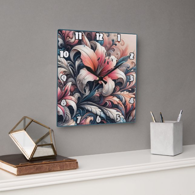 Vibrant Lily Blommars med Intricate Swirls Fyrkantig Klocka (Kontor)