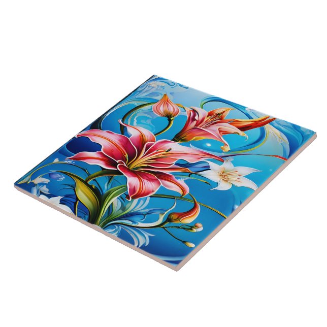 Vibrant Lily Blooms mot blå bakgrund Kakelplatta (Sidan)