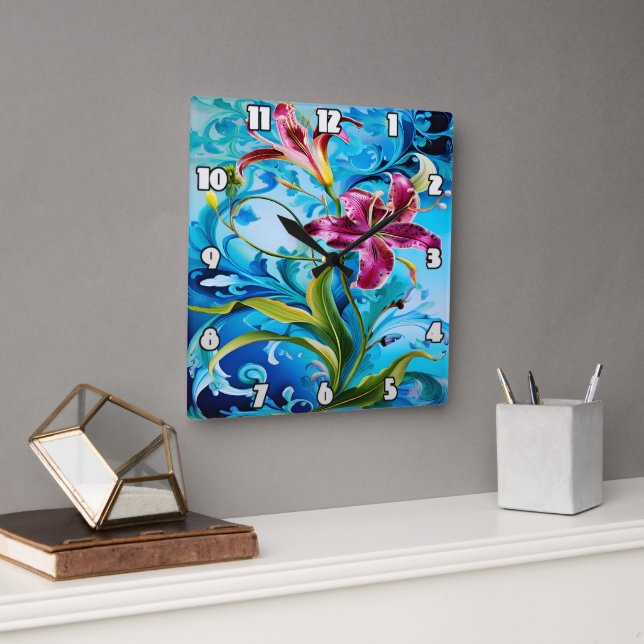 Vibrant Lily Blooms mot Blue Swirls Fyrkantig Klocka (Kontor)