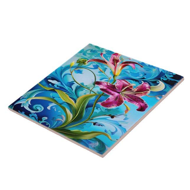 Vibrant Lily Blooms mot Blue Swirls Kakelplatta (Sidan)