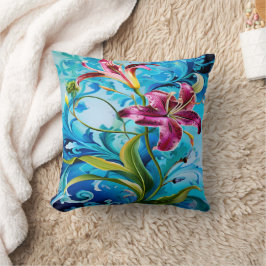 Vibrant Lily Blooms mot Blue Swirls Kudde