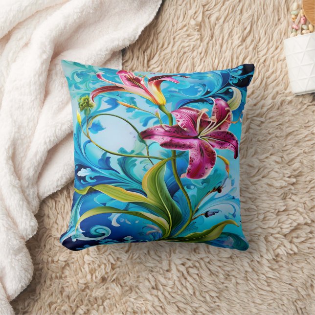 Vibrant Lily Blooms mot Blue Swirls Kudde (Filt)