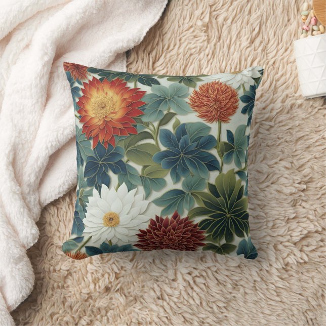 Vibrant Lotus och Chrysanthemum Design Kudde (Filt)