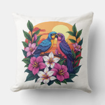 Vibrant Lovebird vid Sunset med Tropical Flowers