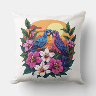 Vibrant Lovebird vid Sunset med Tropical Flowers Kudde