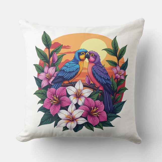 Vibrant Lovebird vid Sunset med Tropical Flowers Kudde (Framsida)