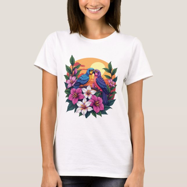 Vibrant Lovebird vid Sunset med Tropical Flowers T Shirt (Framsida)