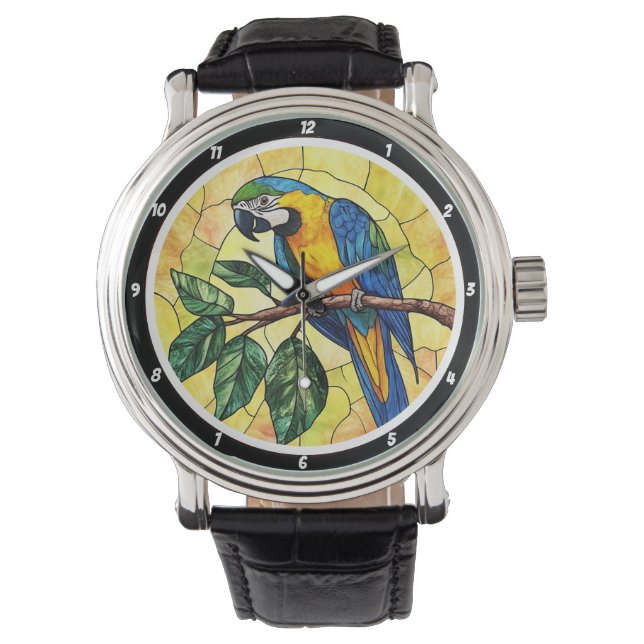 Vibrant Macaw Parrot and Tropical Leaves Design Armbandsur (Framsida)