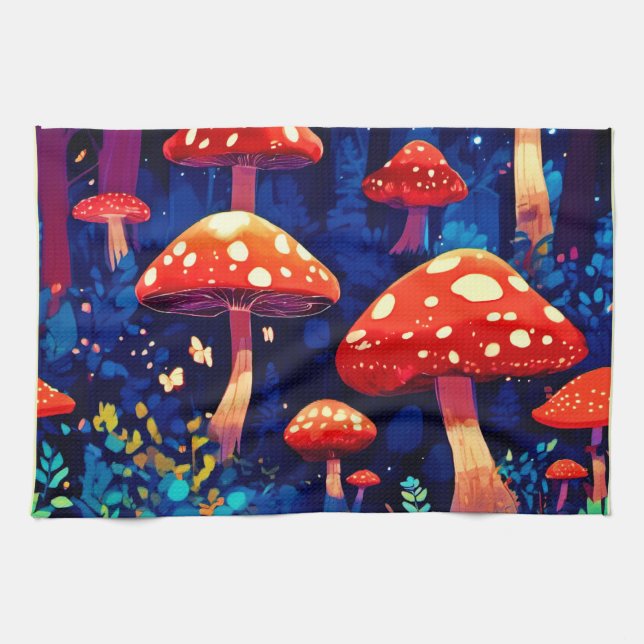 Vibrant Magic Mushroom Forest Art Kökshandduk (Horisontell)