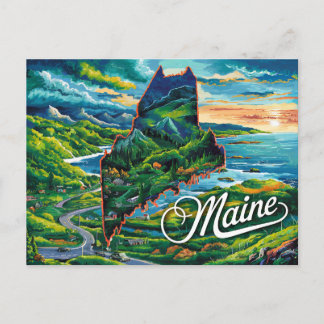 Vibrant Maine Karta Art Vykort