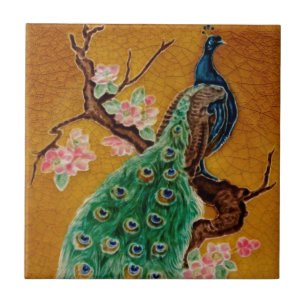 Vibrant Majolica Peacock Repro Antique Tile Kakelplatta