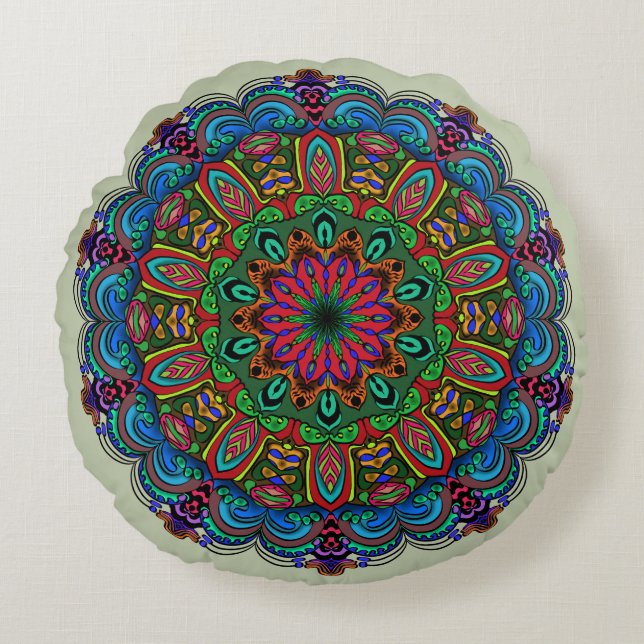 Vibrant Mandala Blommigt & Geometric Mönster Rund Kudde (Framsidan)