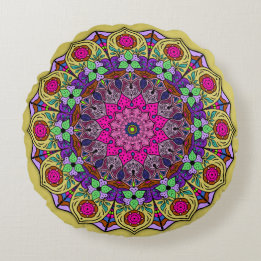 Vibrant Mandala Sunshine Gult Rosa Rund Kudde