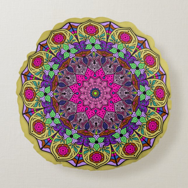Vibrant Mandala Sunshine Gult Rosa Rund Kudde (Framsidan)