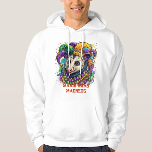 Vibrant Mardi Gras possum in jester mask and beads Hoodie (Framsida)