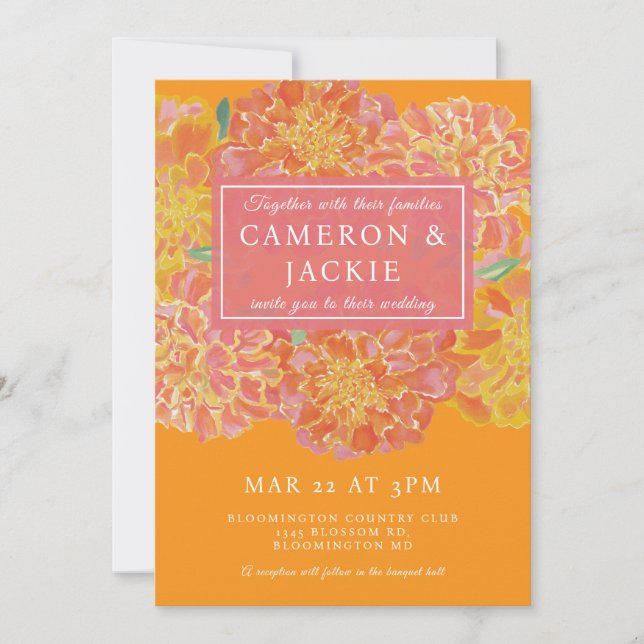 Vibrant Marigold Pink Wedding Invitation Inbjudningar (Framsida)