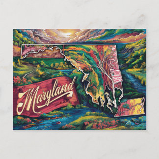 Vibrant Maryland Karta Art Vykort