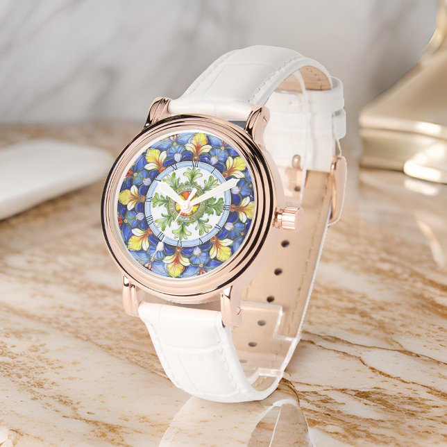 Vibrant Medallion Symmetric Blad Blommigt Majolica Armbandsur (Zazzle Vibrant Medallion Symmetric Leafs Floral Majolica Watch)