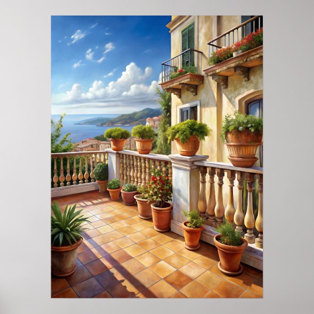 Vibrant Mediterranean Balcony Sea View Art Poster (Framsidan)