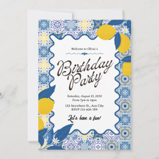 Vibrant Mediterranean Lemon & Blue Birthday Inbjudningar