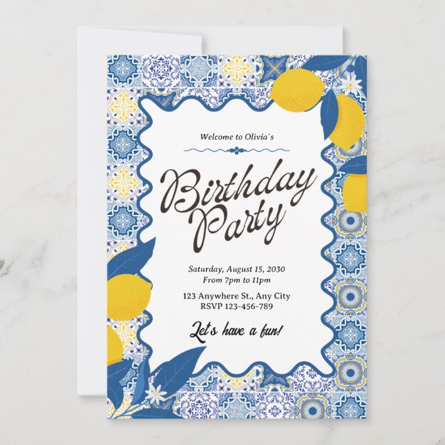 Vibrant Mediterranean Lemon & Blue Birthday Inbjudningar (Framsida)