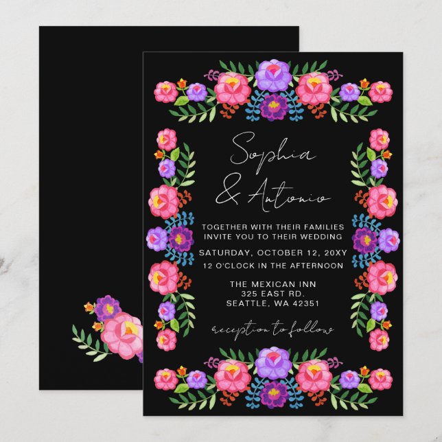 Vibrant Mexican Floral Fiesta Wedding Inbjudningar (Fram/baksida)