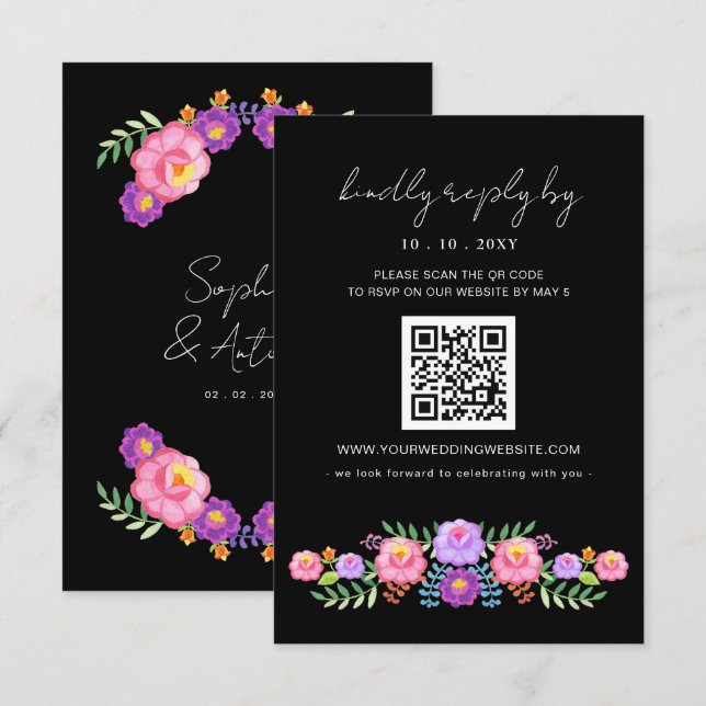 Vibrant Mexican Floral Fiesta Wedding QR code OSA Kort (Fram/baksida)