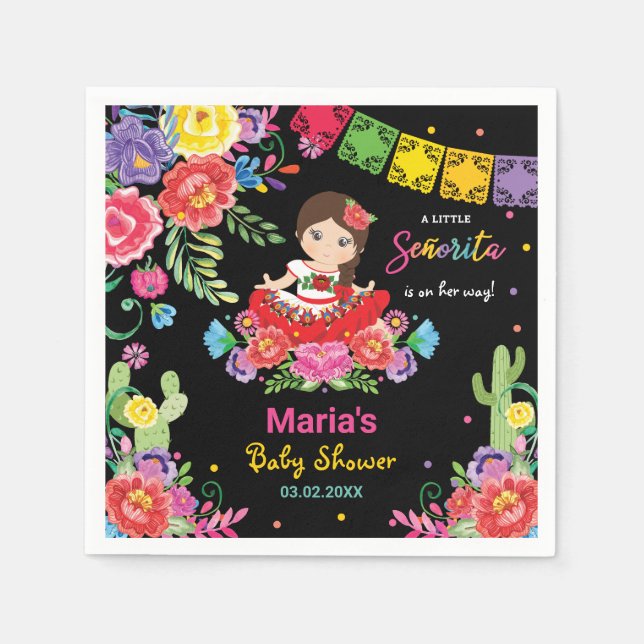 Vibrant Mexican Flowers Señorita Girl Baby Shower Pappersservett (Framsidan)